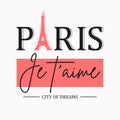 Paris t-shirt design for girls with slogan in French - je t`aime, with translation: I love you. Typography graphics for tee shirt